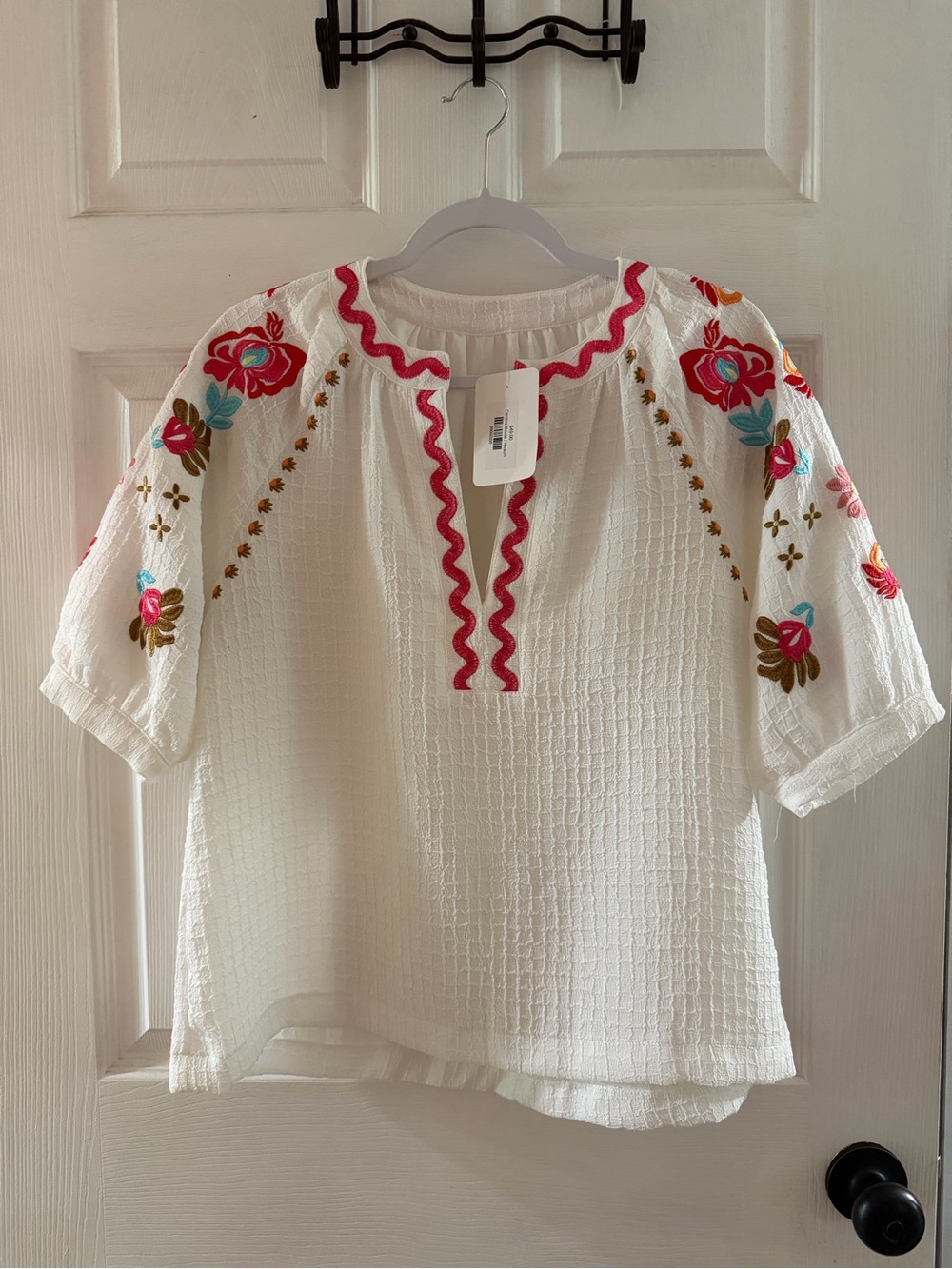 White Embroidered Peasant Top with Pink Trim